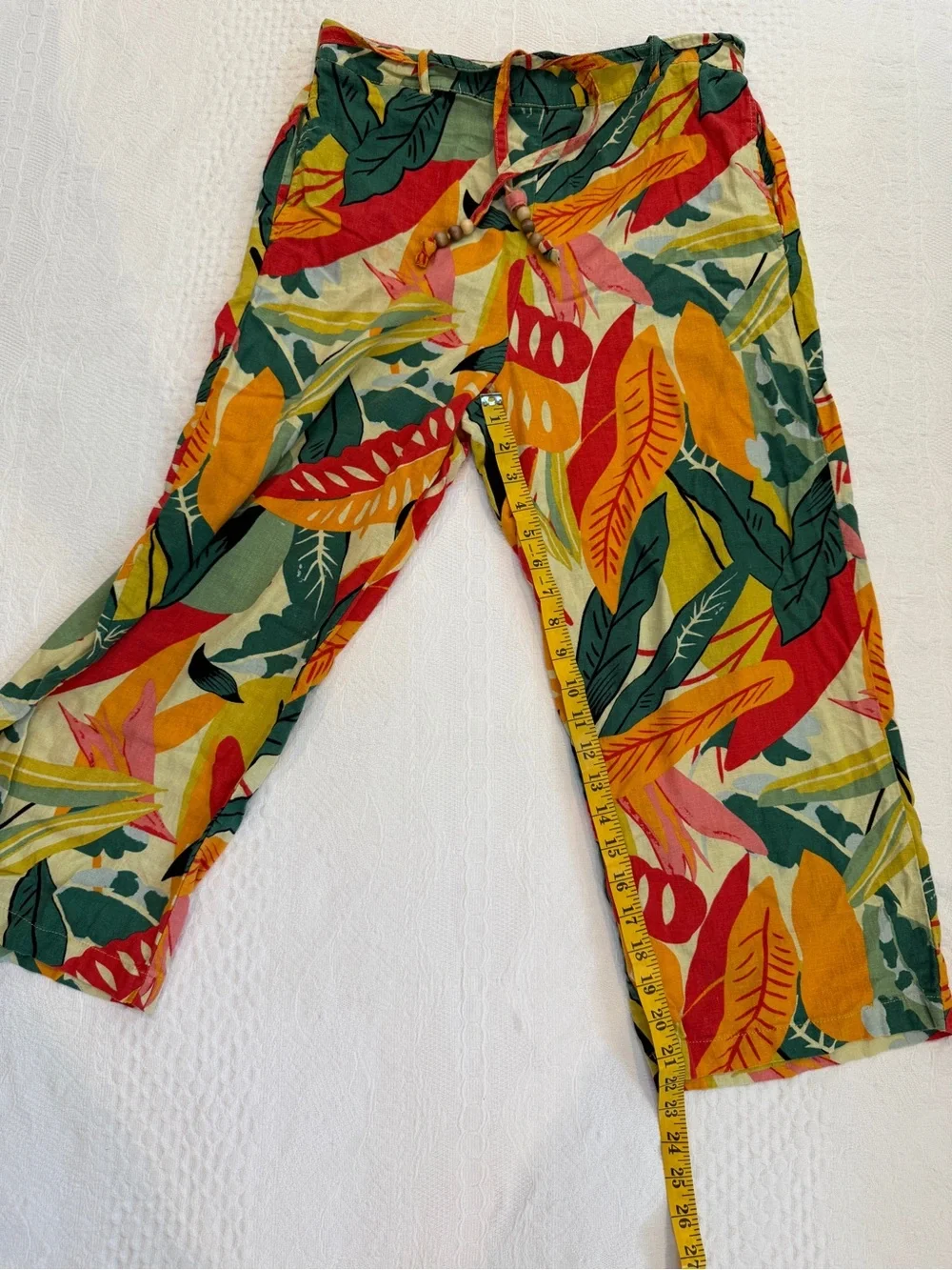 Calligraphie Floral Wide Leg Crop Capri Pants Drawstring Linen Blend Hawaiian M